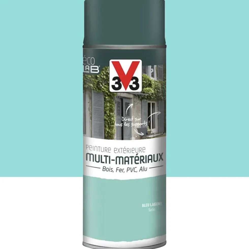 Bombe de Peinture aérosol V33 Déco LAB Extérieure Multi-Matériaux Bleu lagune Satin