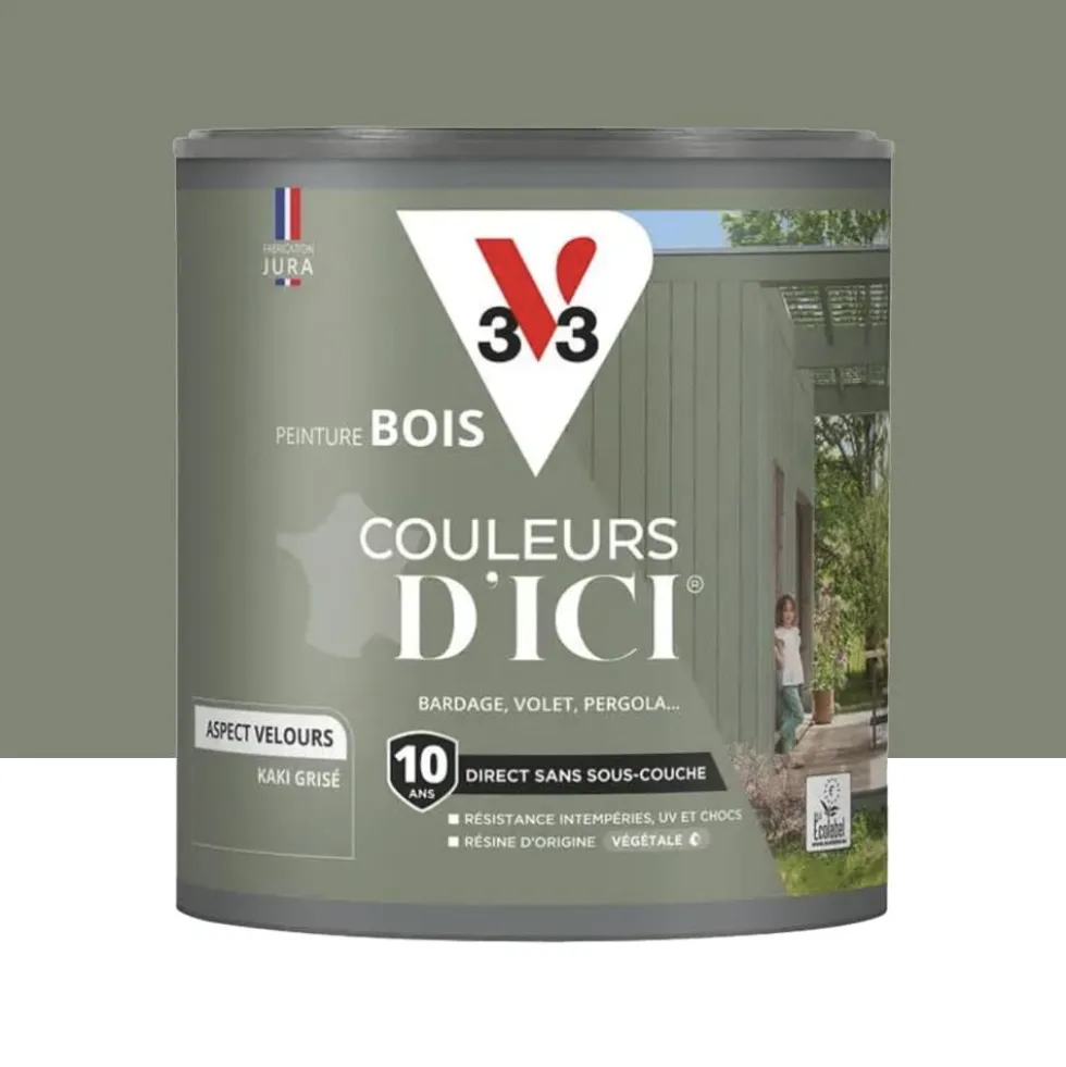 Peinture Acrylique pour Bois Extérieurs 10 ans V33 Couleurs d'ICI Velours Kaki grisé