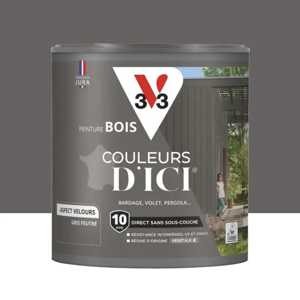 Peinture Acrylique pour Bois Extérieurs 10 ans V33 Couleurs d'ICI Velours Gris feutré