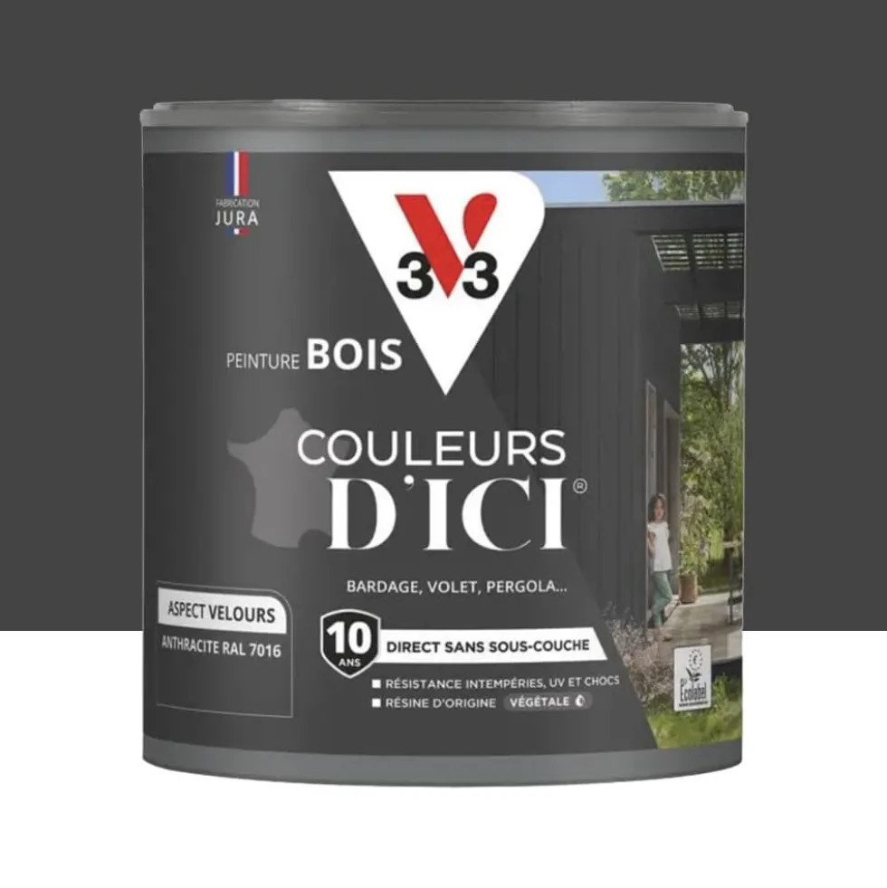 Peinture Acrylique pour Bois Extérieurs 10 ans V33 Couleurs d'ICI Velours Anthracite