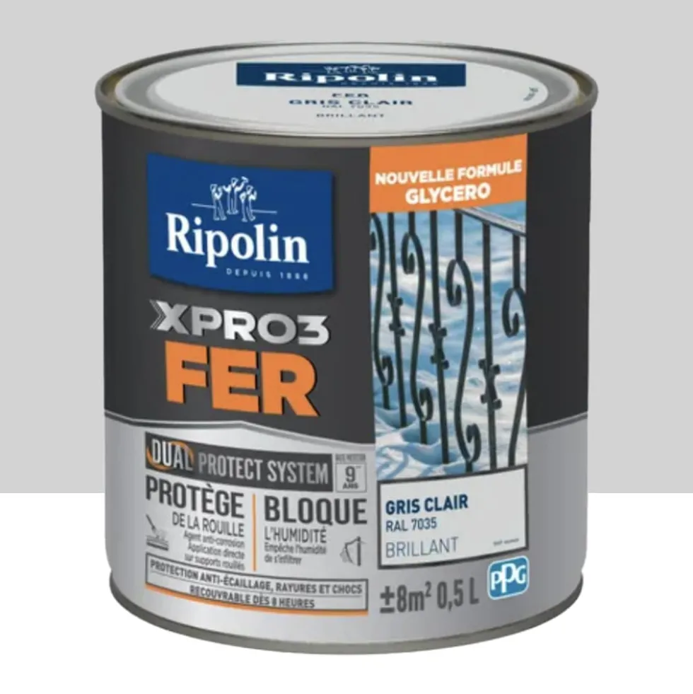 Peinture fer glycéro Ripolin XPRO3 Fer Brillant Gris Clair