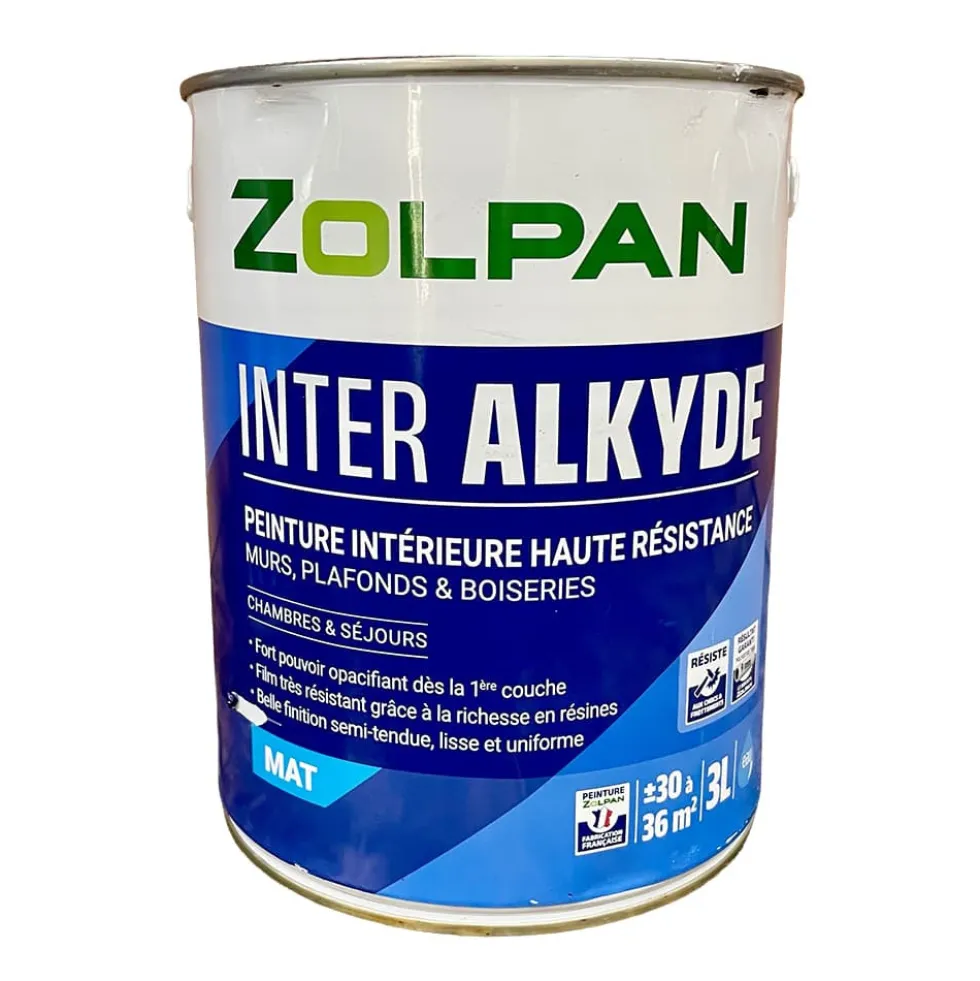 Peinture intérieure haute résistance pour murs, plafonds et boiseries ZOLPAN Inter Alkyde Mat 3L