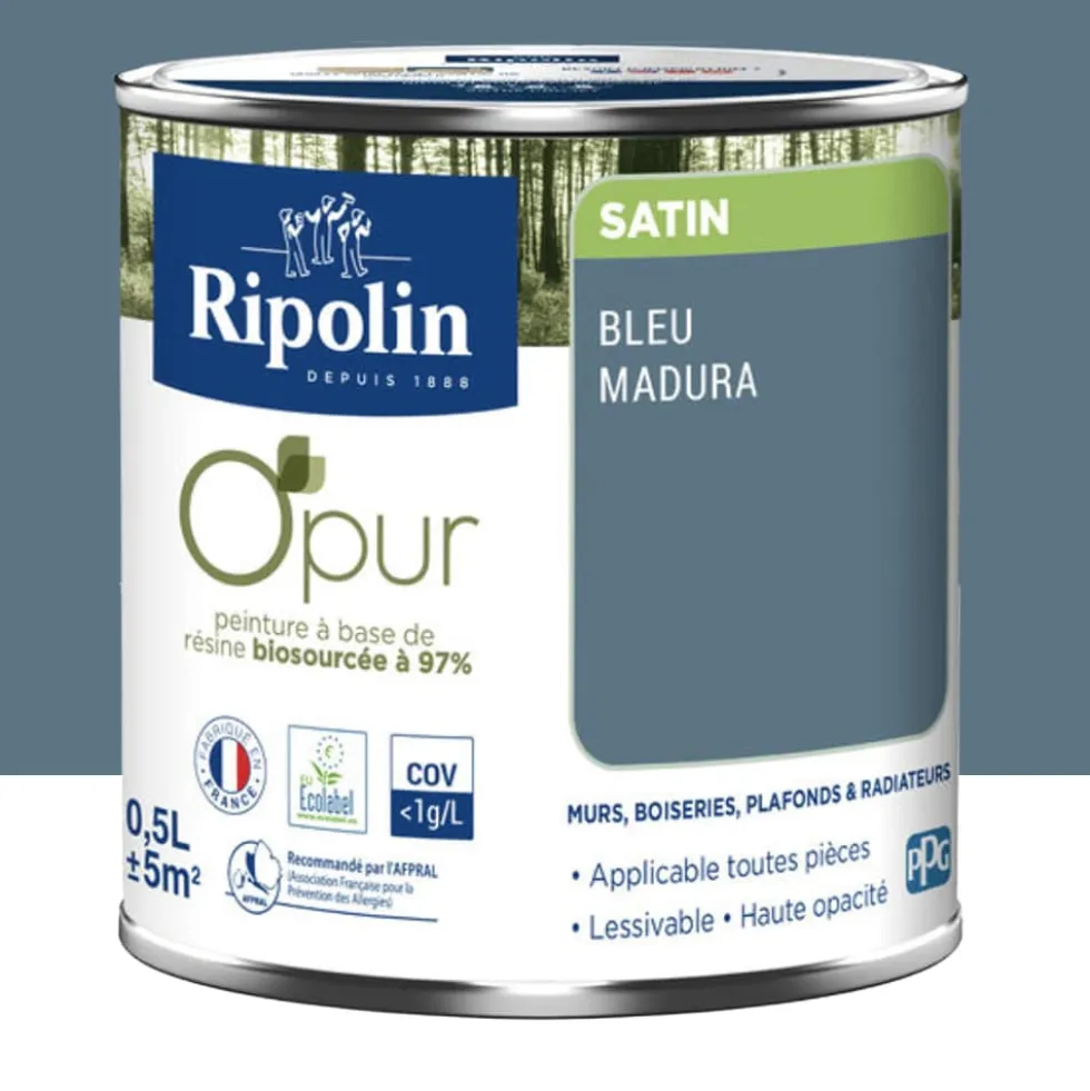 Peinture Murs, Boiseries, Radiateurs RIPOLIN OPur Satin Bleu madura