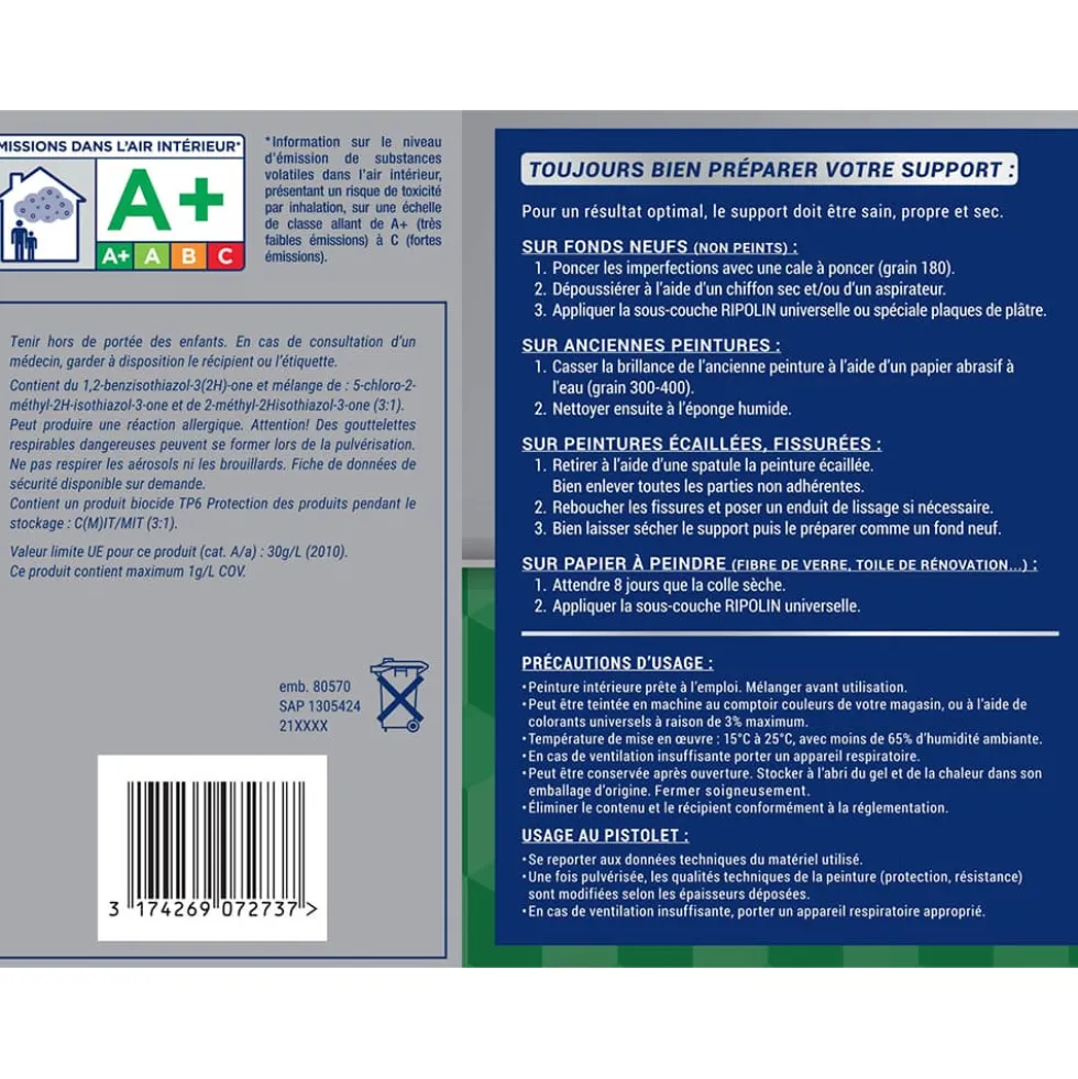 Peinture Murs, Plafonds, Boiseries & Radiateurs RIPOLIN XPro3 Blanc Satin