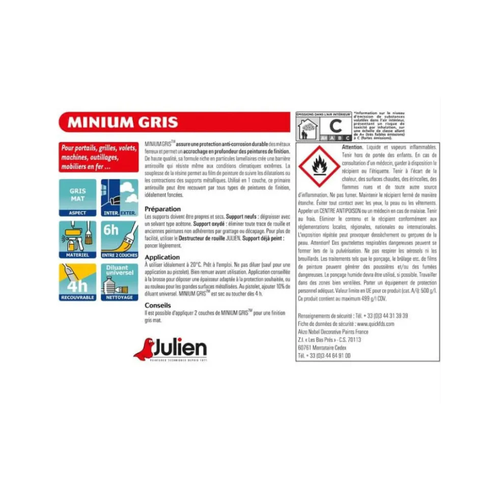 Peinture protection antirouille Minium Julien Gris Mat